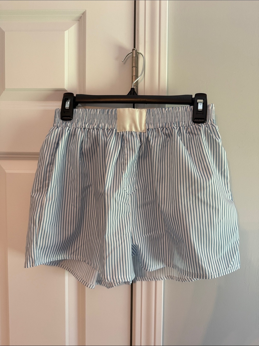 Light Blue & White Striped Women’s Elastic Waist boxer shorts